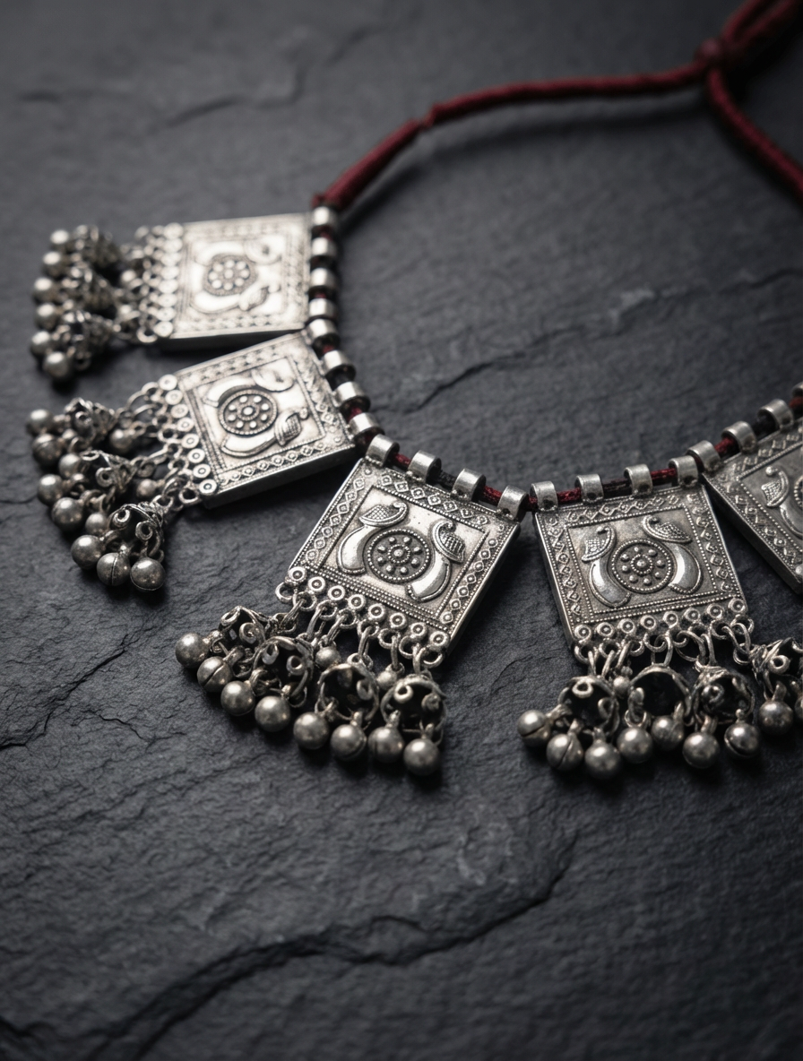 Khanoomi's Ziba Heritage Silver Necklace, authentic Afghan jewelry with square pendants and bells on a dark slate background.