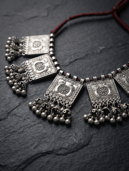 Khanoomi's Ziba Heritage Silver Necklace, authentic Afghan jewelry with square pendants and bells on a dark slate background.