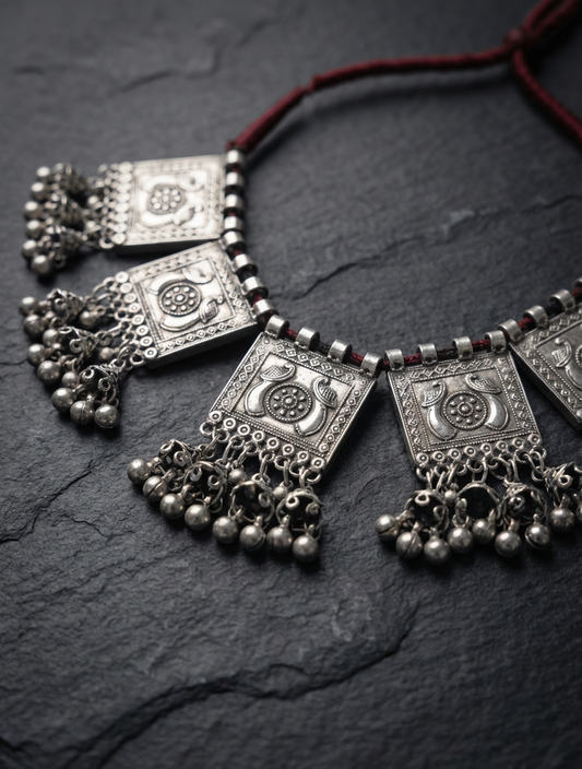 Khanoomi's Ziba Heritage Silver Necklace, authentic Afghan jewelry with square pendants and bells on a dark slate background.